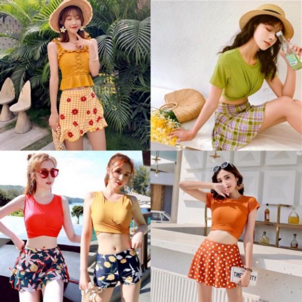 Đồ bơi áo tắm bikini 3 mảnh - Vàng 3 mảnh váy hoa,L ( 50-58kg)
