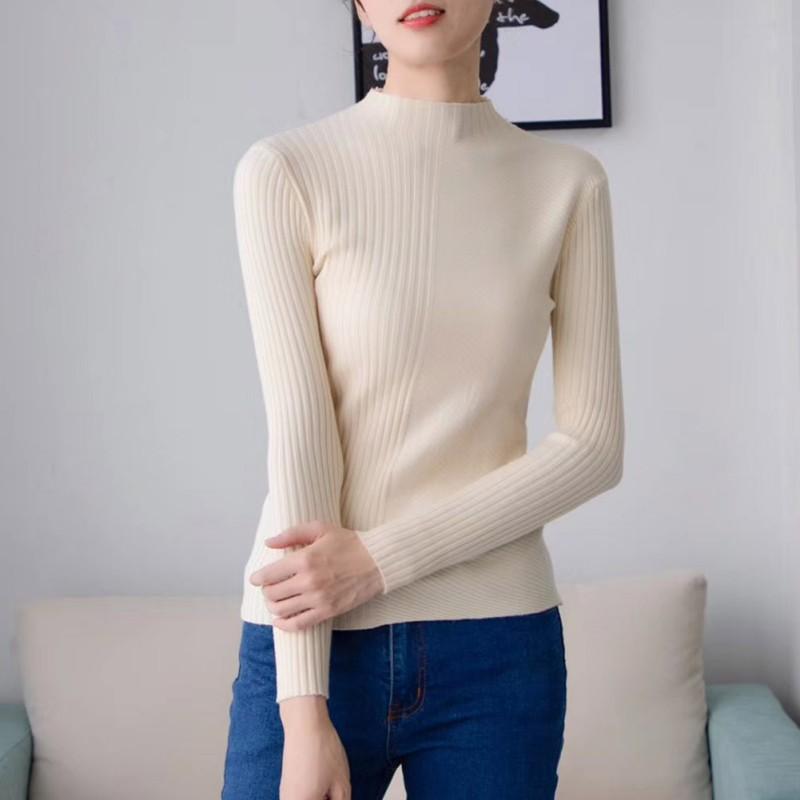 Áo sweater dệt kim dài tay cổ tròn màu trơn cho nữ