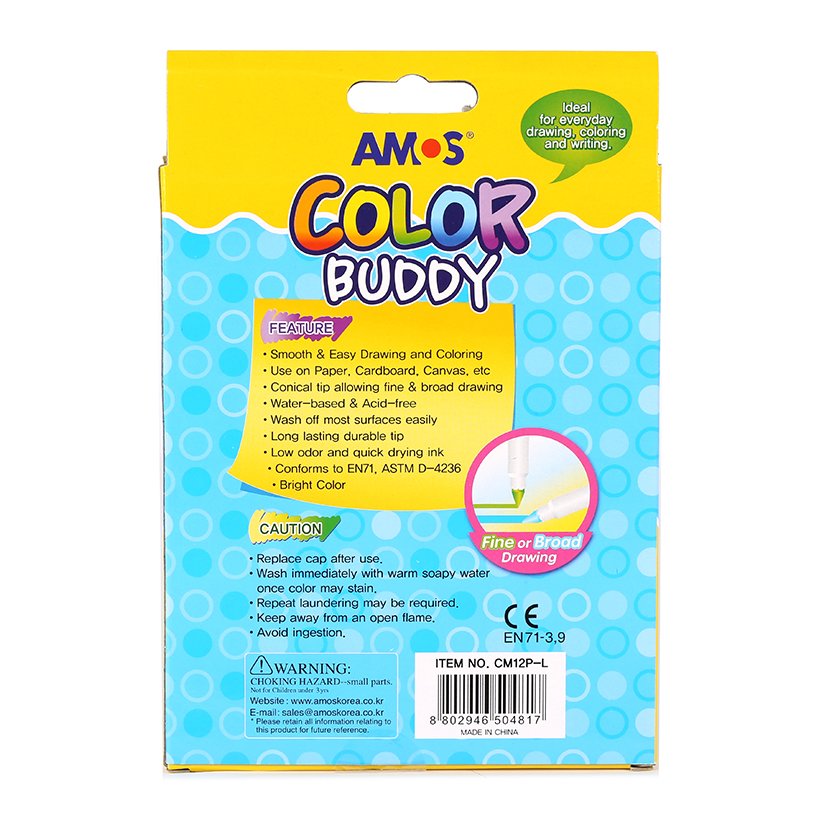 Bút Dạ Màu Loại Dài Amos Color Buddy CM12P-L (12 Bút/Hộp)