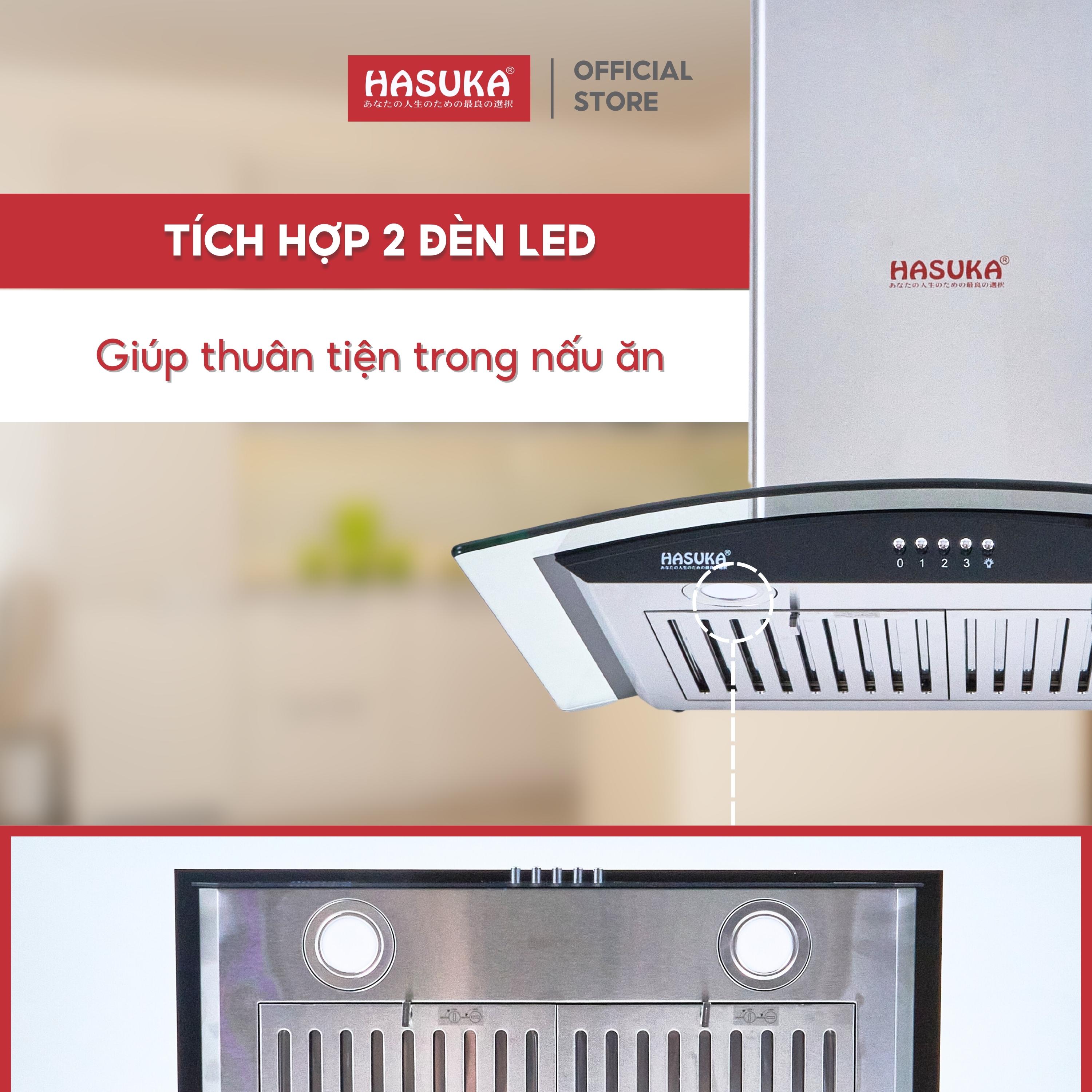 Máy hút mùi cơ kính cong lưới inox HASUKA HSK-777IN - hút và khử mùi với công suất 950m³/h, nút bấm điều khiển cơ - HÀNG CHÍNH HÃNG