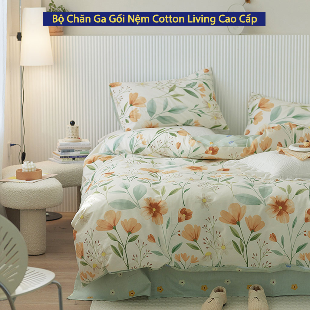 Bộ Ga Giường 5 Món Chăn Ga Gối Nệm Cotton Living ANNA NGUYÊN Cao Cấp Chuẩn Khách Sạn 5 Sao Bộ Chăn Ga Ra Drap Gối Nệm Đệm Trải Giường 4 Món Dễ Thương Cute