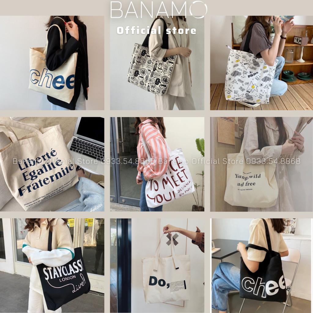 Hình ảnh Túi vải tote canvas đeo vai phong cách Hàn quốc có khóa miệng ngăn phụ bên trong thời trang Banamo Fashion túi 01