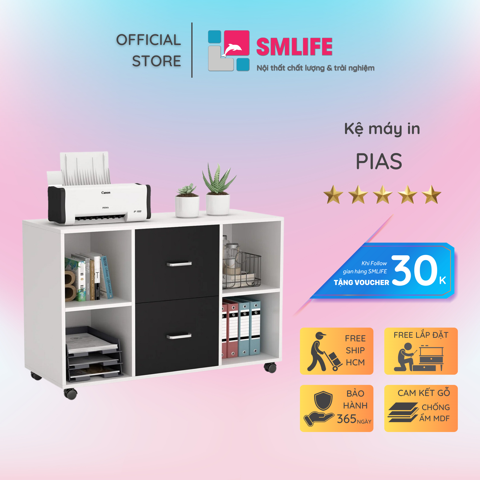 Kệ để máy in gỗ hiện đại SMLIFE Pias | Gỗ MDF dày 17mm chống ẩm | D100xR40xC71cm