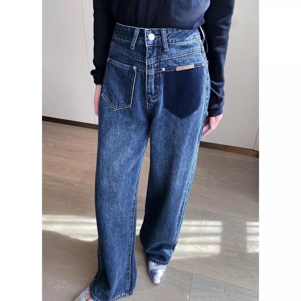 Quần Jeans Nữ Ống Rộng Túi Trước Mác Da Cạp Cao Dáng Suông