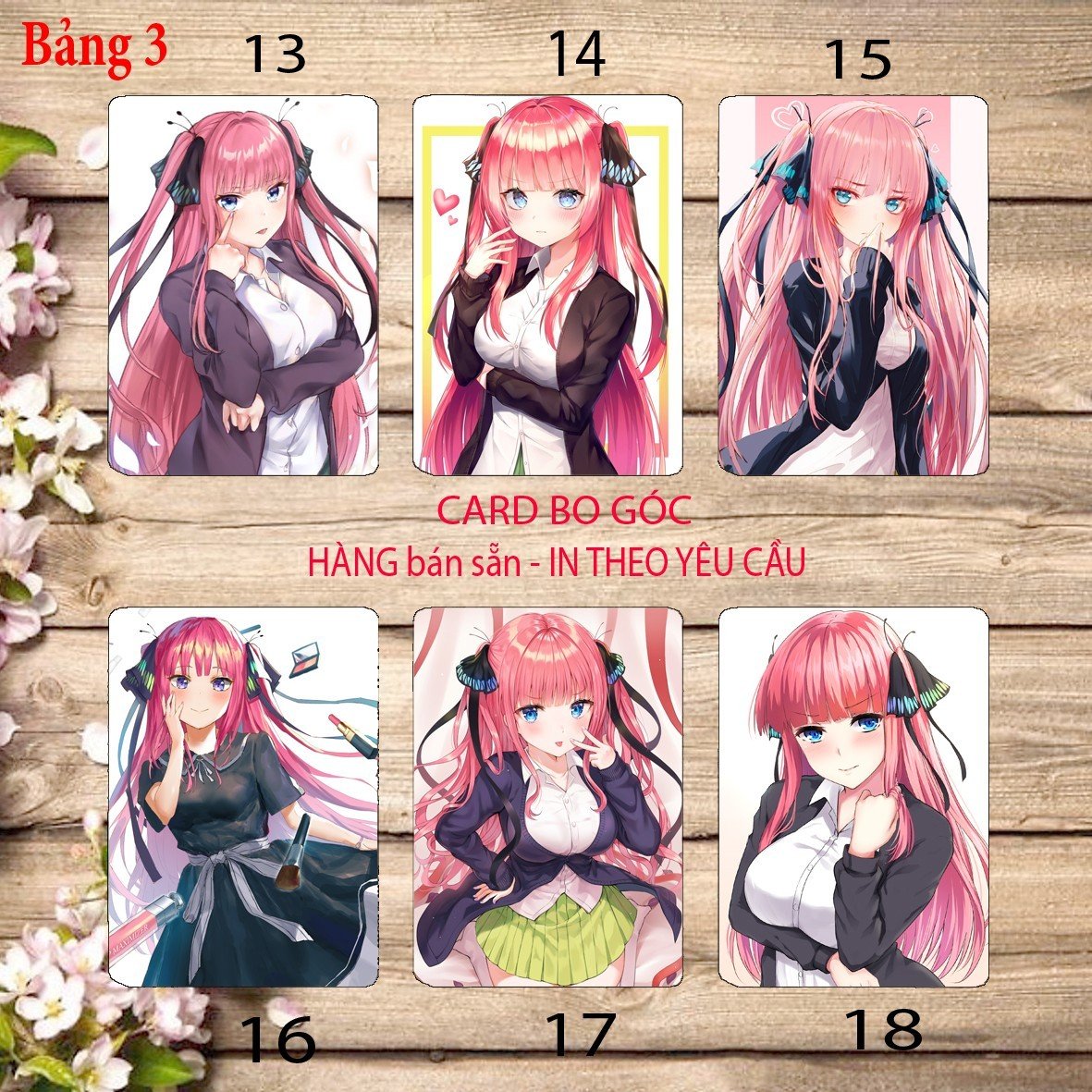 Card bo góc Nakano Nino Gotoubun no Hanayome 6 ảnh khác nhau/ Thẻ card hình Nakano Nino nhà có 5 nàng dâu