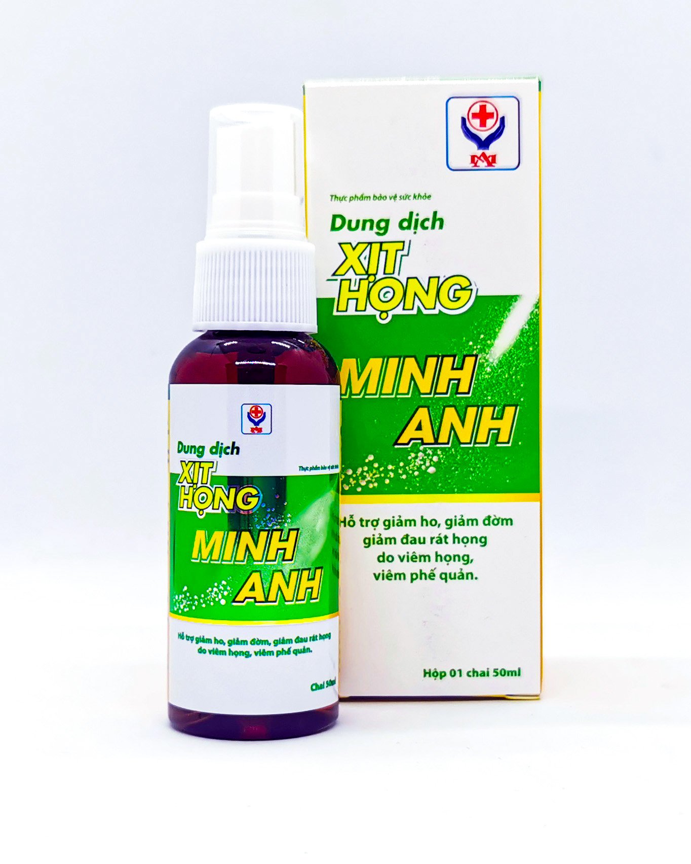 TPBVSK Dung Dịch Xịt Họng Minh Anh: Hỗ trợ giảm ho, đờm, đau rát họng do viêm họng, viêm phế quản.