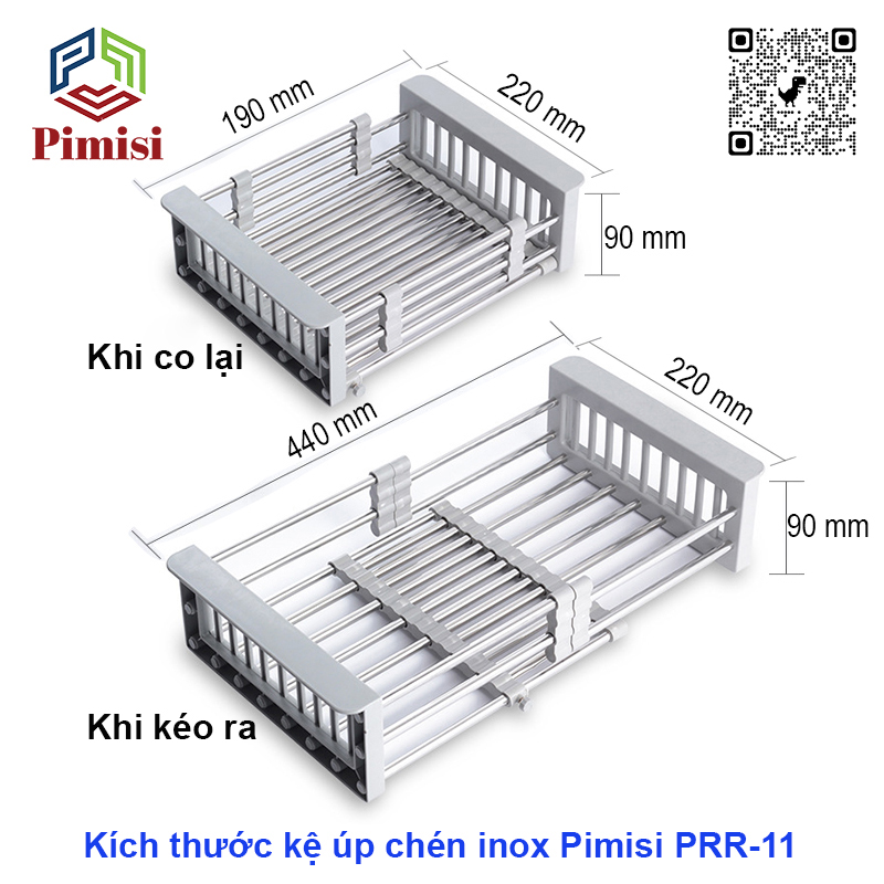 Kệ Inox Gác Bồn Rửa Chén Pimisi PRR-11 Với Tay Cầm Bằng Nhựa Và Khay Inox 304 Thiết Kế Hình Chữ Nhật, Góc Vuông Được Bo Tròn Và Rổ Kéo Điều Chỉnh Độ Dài Co Giản Để Úp Bát Đĩa - Rau Củ Quả Phù Hợp Với Nhiều Chậu Rửa Bát Trong Nhà Bếp | Hàng Chính Hãng