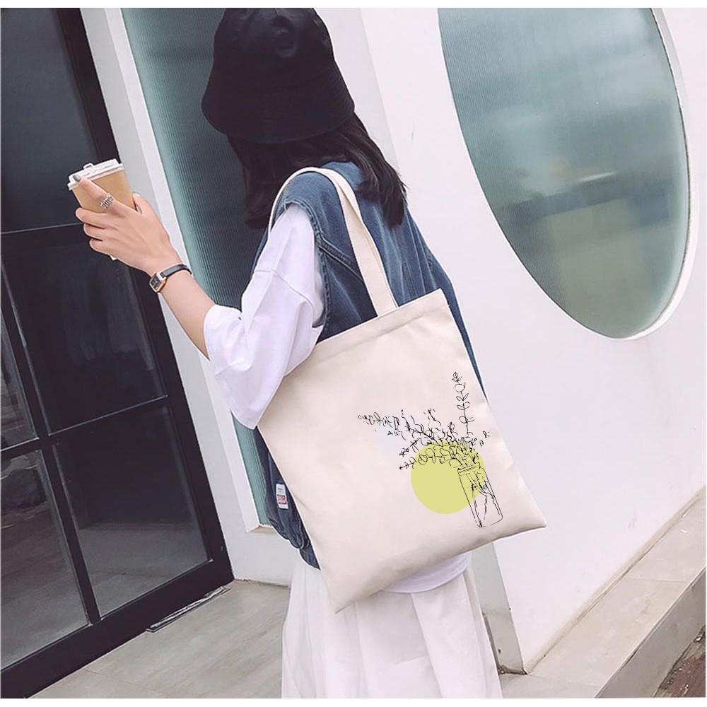 Túi Tote Vải Mộc Ginko kiểu basic có dây kéo khóa miệng túi đựng vừa laptop 14 inch và nhiều đồ dùng khác In Hình Minimalism Art M38
