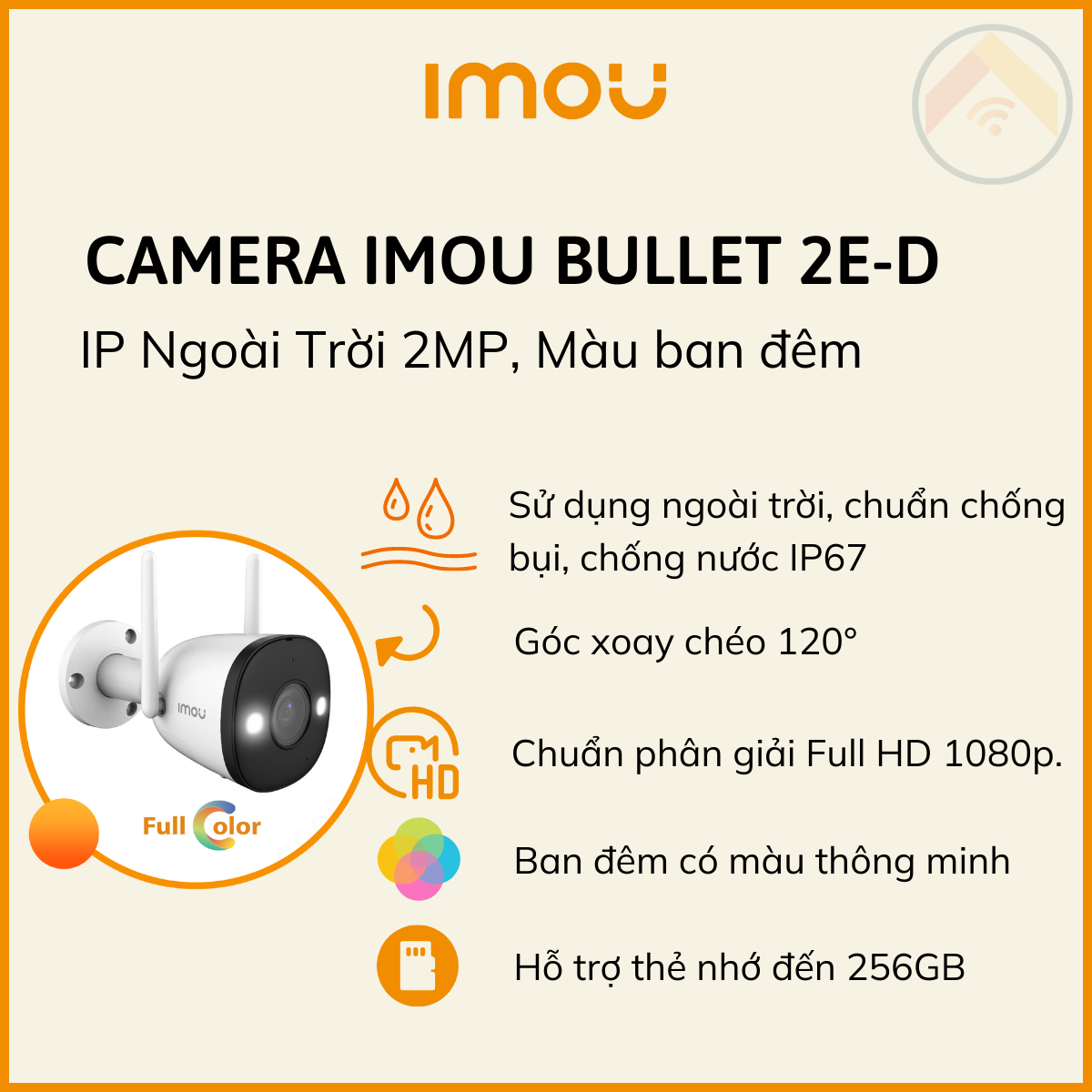 Hàng chính hãng Camera giám sát IMOU Bullet 2E-D F22FP kèm thẻ 32GB Wifi 2MP (1080P) H264 đàm thoại 2 chiều