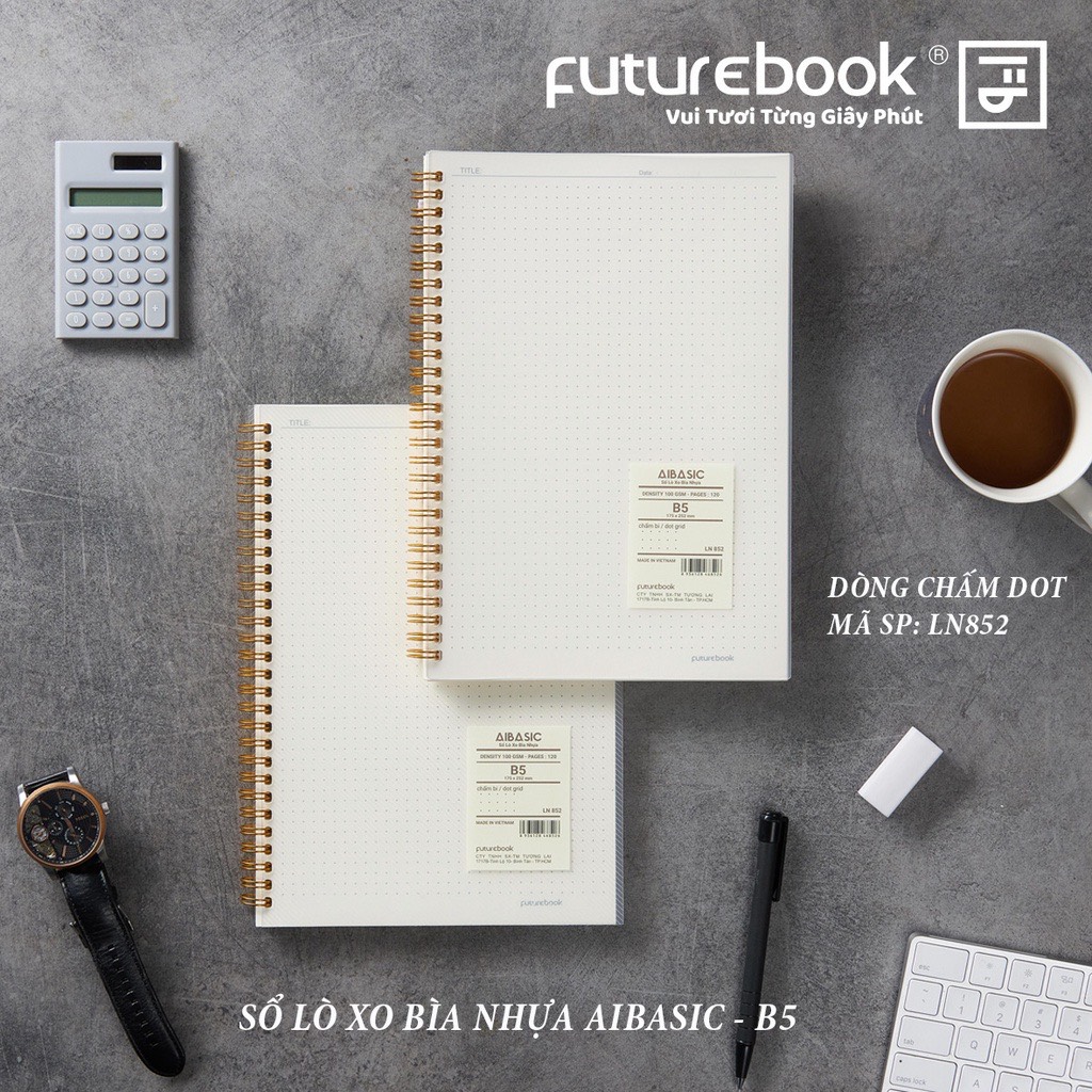 Sổ Lò Xo Bìa Nhựa Aibasic- khổ B5- Caro, Kẻ Ngang, Chấm Dot. Phong cách Nhật Bản. VPP FUTUREBOOK