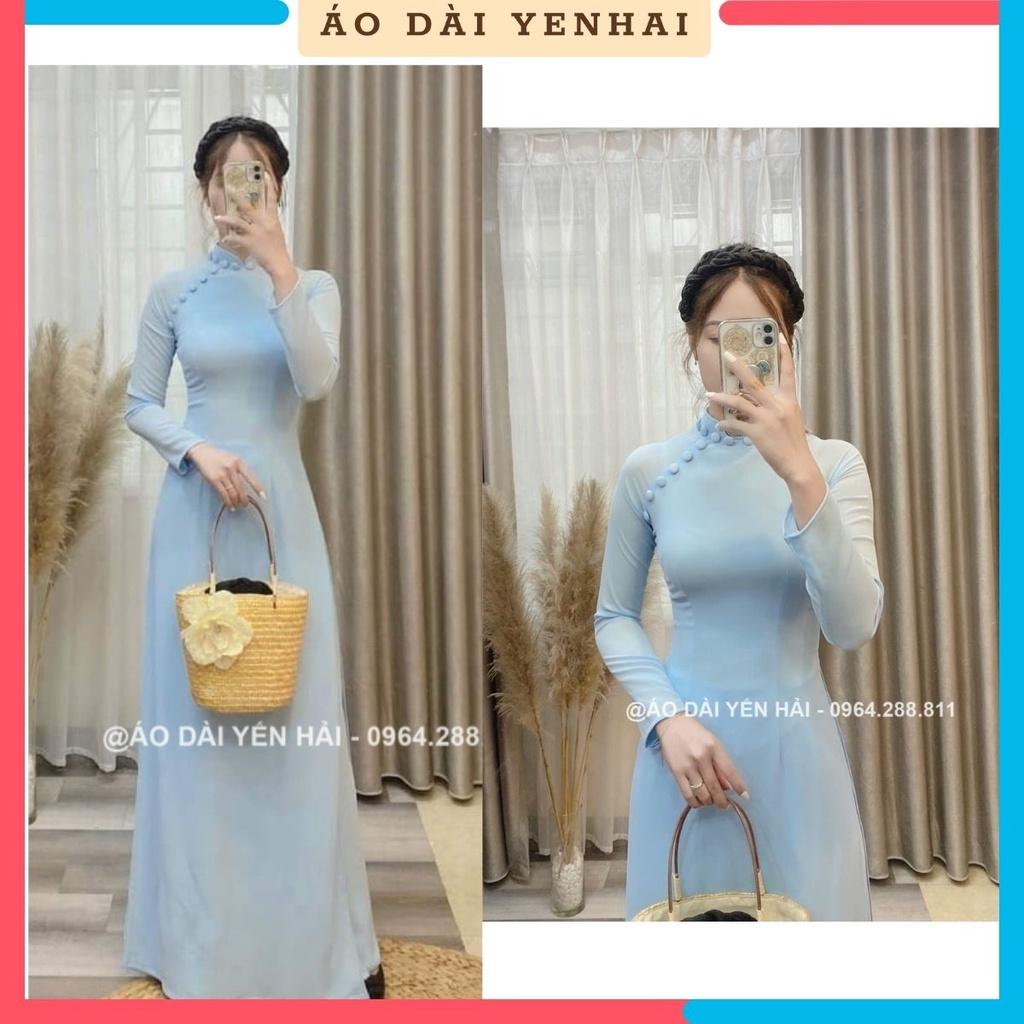 Áo dài truyền thống 4 tà thiết kế cúc bọc lụa cao cấp màu xanh ngọc |