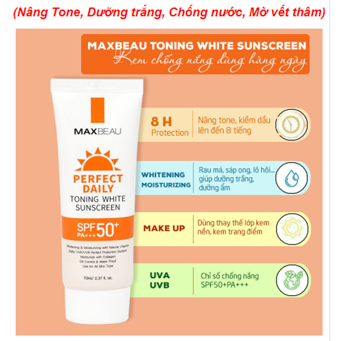 Kem Chống Nắng Dưỡng Trắng Da, Nâng Tone, Không Bết Dính MAXBEAU Toning White Sunscreen SPF 50 PA+++ Hàn Quốc 70ml