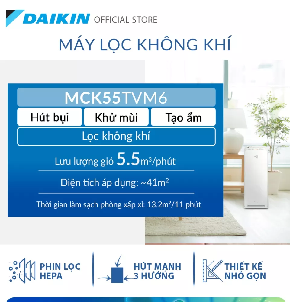 Máy Lọc không khí tạo ẩm Daikin MCK55TVM6 - Phù hợp phòng 41m2 - Công nghệ Streamer độc quyền - Phin lọc tĩnh điện Hepa - Hút gió 3 hướng - Vận hành êm ái - Thiết kế nhỏ gọn - Hàng chính hãng