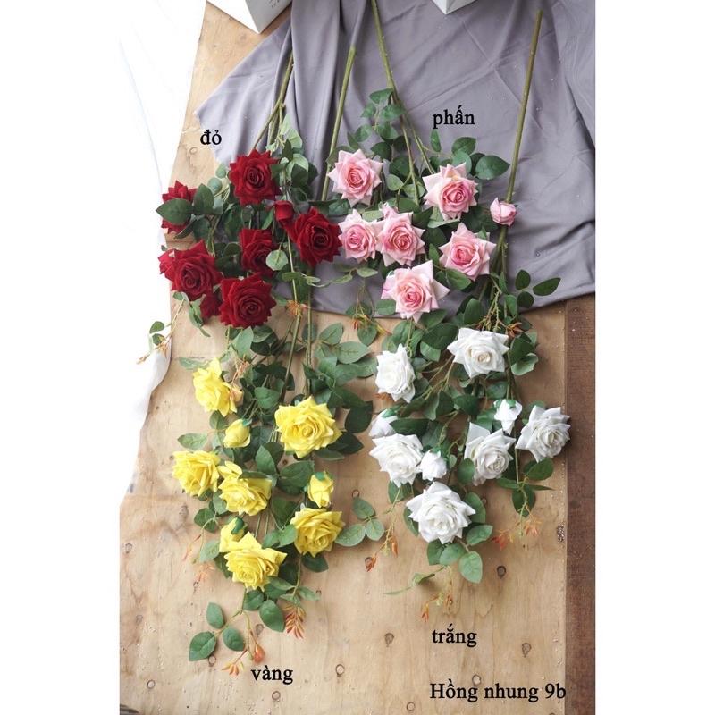 Cành hoa Hồng Nhung 9 bông cao cấp nhập khẩu 1m- Hoa giả trang trí