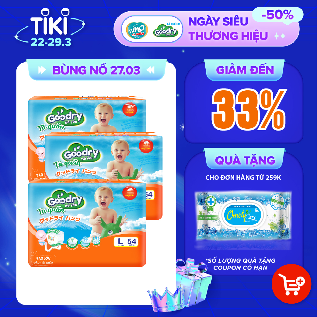 Combo 3 Tã Quần Goodry L54 [54 miếng] công nghệ Nhật Bản dành cho bé từ 9- 14kg,