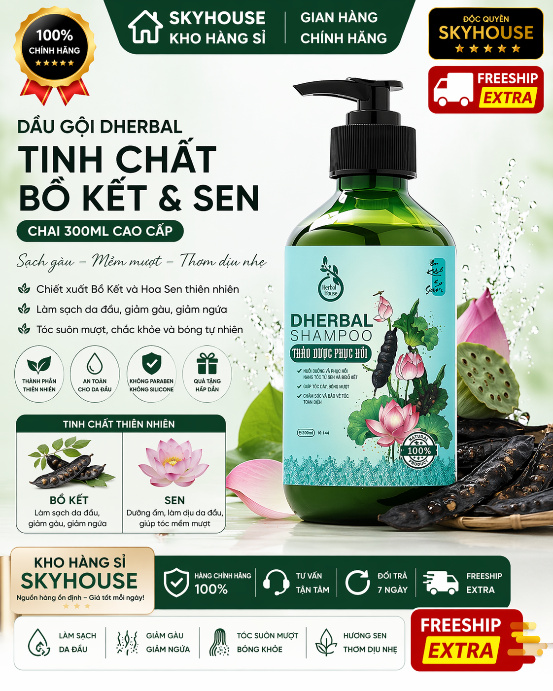 Dầu gội thảo dược thiên nhiên tinh chất sen bồ kết độc quyền DHERBAL chai 300ml dầu gội phục hồi tóc hư tổn chính hãng