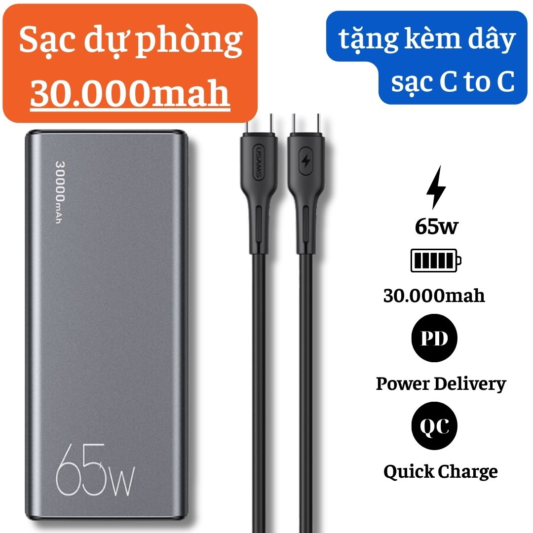 Pin Sạc Dự Phòng 30000mah sạc nhanh 65W PD hỗ trợ sạc cho laptop - sạc dự phòng 20000mah có hiển thị phần trăm pin