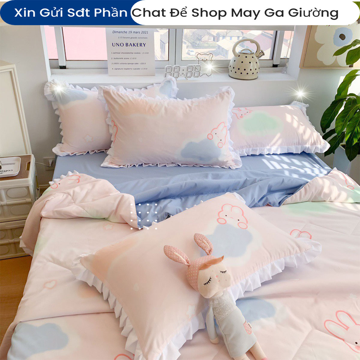 Bộ Chăn Ga Gối Đệm 5 Món Chăn Hè Cotton Tici ANNA NGUYÊN Drap Giường Cotton Cao Cấp Chăn Chần Bông