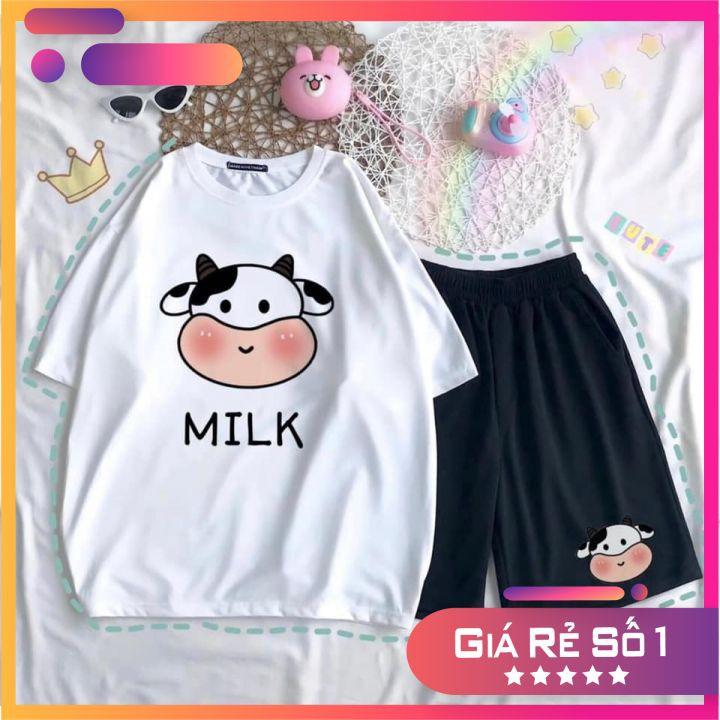 Sét Áo Thun Ngắn Tay Bò Sữa Milk Chất Đẹp + Quần Đùi Đen Ống Rộng Logo Sét Đồ Bộ Nam Nữ Unisex Freesize