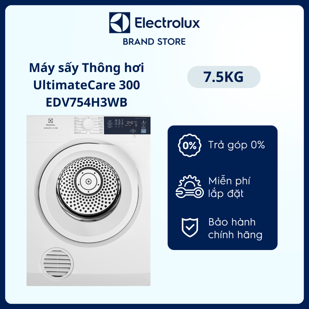 Máy sấy thông hơi Electrolux 7.5kg UltimateCare 300 - EDV754H3WB [Hàng chính hãng]