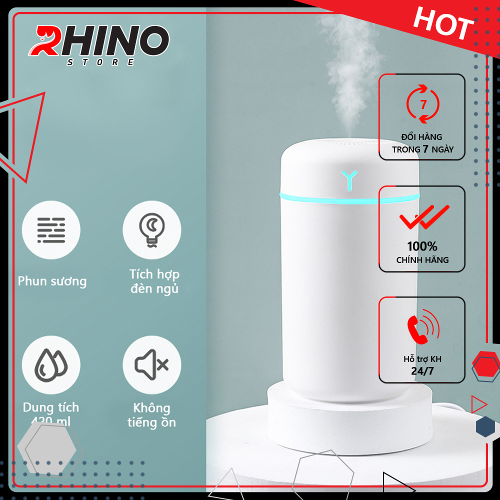 Máy phun sương xông tinh dầu tạo ẩm Rhino H901 dung tích 420ml, nhỏ gọn, không gây tiếng ồn, tích hợp đèn ngủ RGB nhiều màu, có chế độ tự ngắt - Hàng chính hãng
