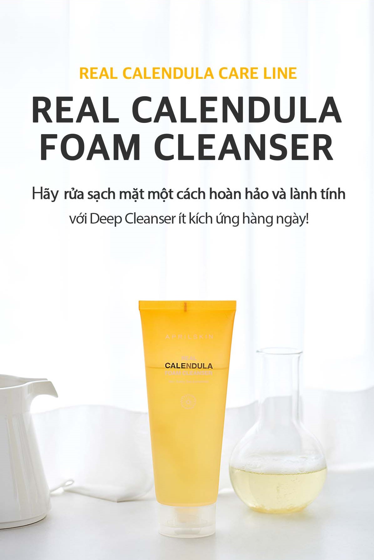 Sữa Rửa Mặt Tạo Bọt Dịu Nhẹ, Dưỡng Ẩm, Có pH Thấp APRILSKIN Real Calendula Foam Cleanser 200g + Tặng Kèm 1 Băng Đô Tai Mèo Xinh Xắn
