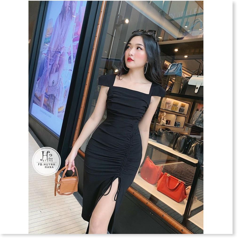 Đầm body cổ vuông nhúng eo xẻ tà