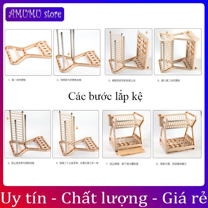 Kệ để bát 2 tầng có ống đựng đũa nhà bếp phòng trọ, Kệ để bát đĩa thoát nước thông minh, Tủ đựng bát mini thông minh