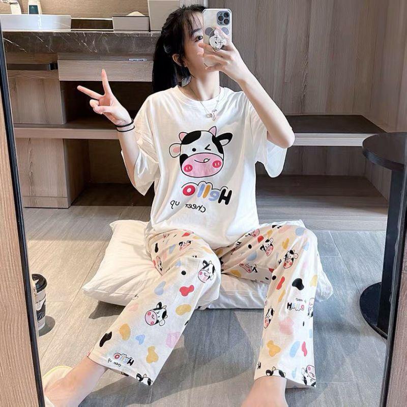 Đồ bộ nữ quần dài tay cộc in hình dễ thương,chất mỏng mát phù hợp mọi thời tiết
