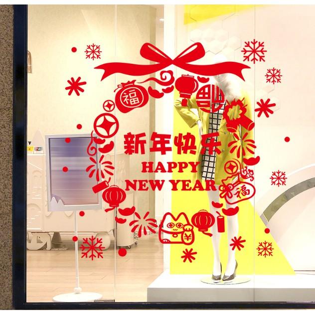 Decal trang trí Tết - Vòng Tròn chữ Happy New Year đỏ