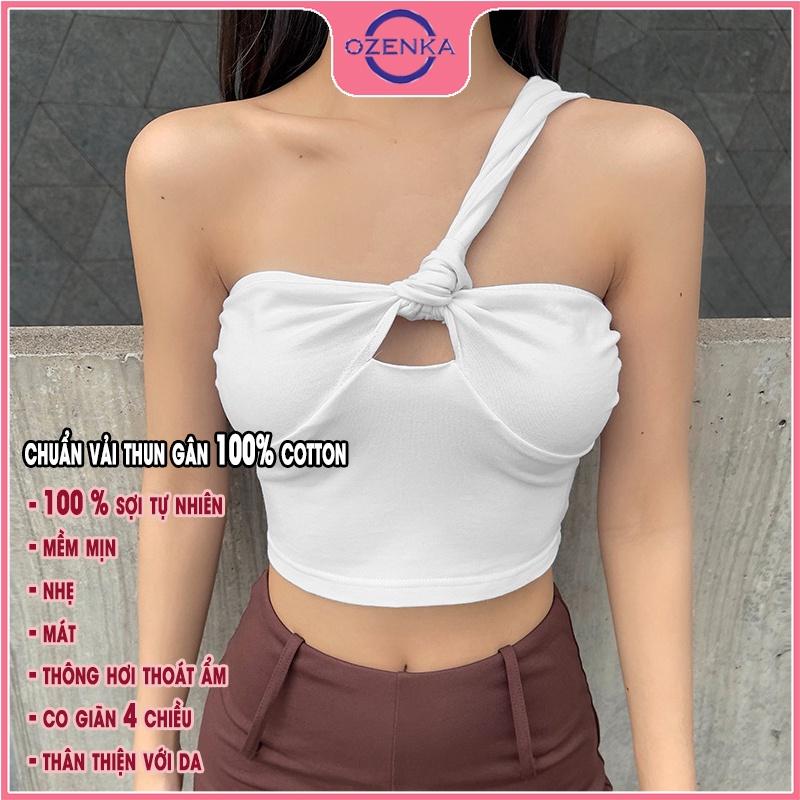 Áo sát nách croptop nữ dây lệch, áo dây quây ngực gợi cảm chất thun gân cotton siêu mát màu đen trắng dưới 50kg