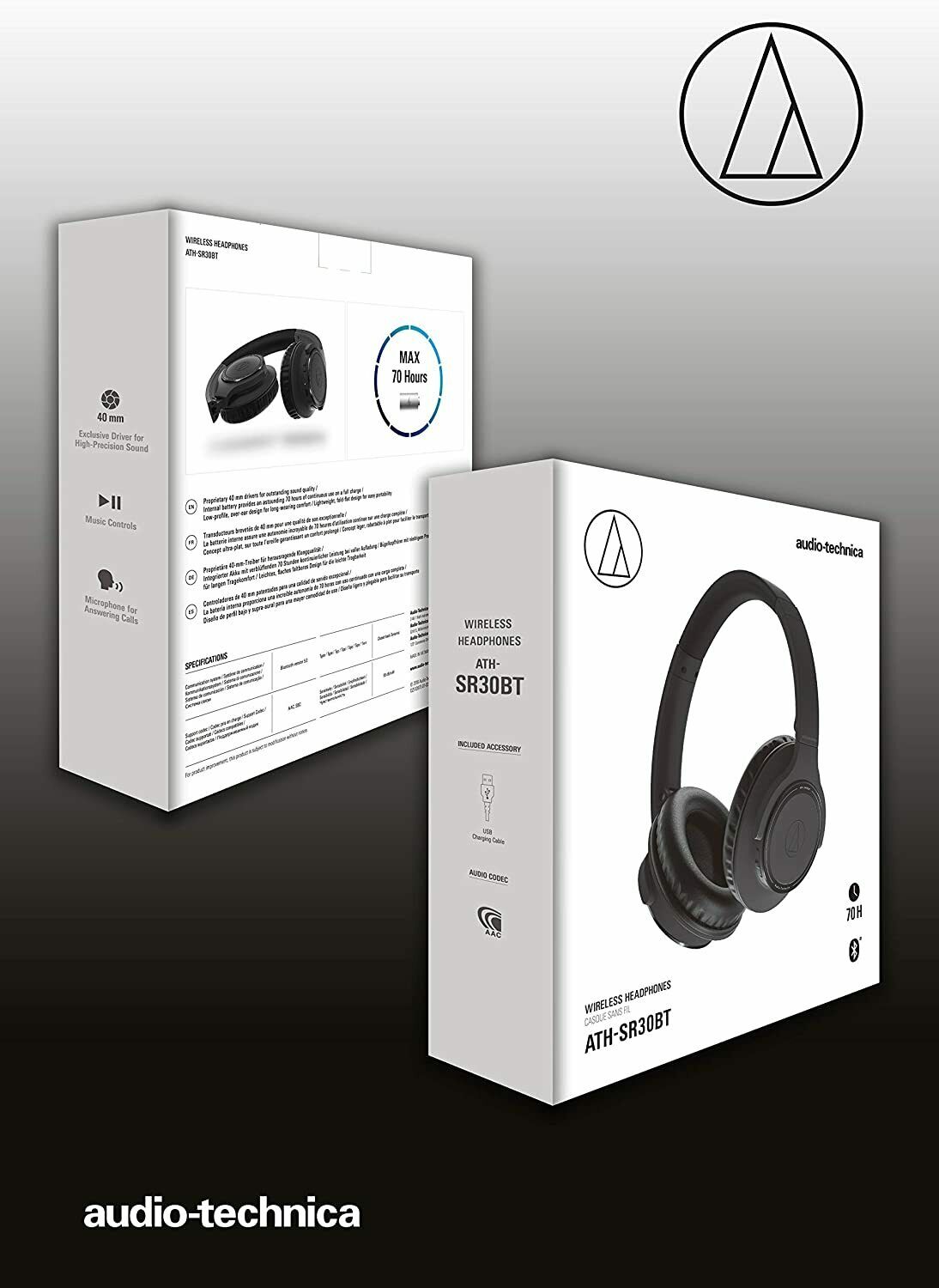Audio Technica ATH-SR30BT - Tai Nghe "Hi-Res", Bluetooth 5.0, Tích Hợp Micro, Điều Chỉnh Âm Lượng, Thời Gian Sử Dụng 70 Giờ - Hàng Chính Hãng