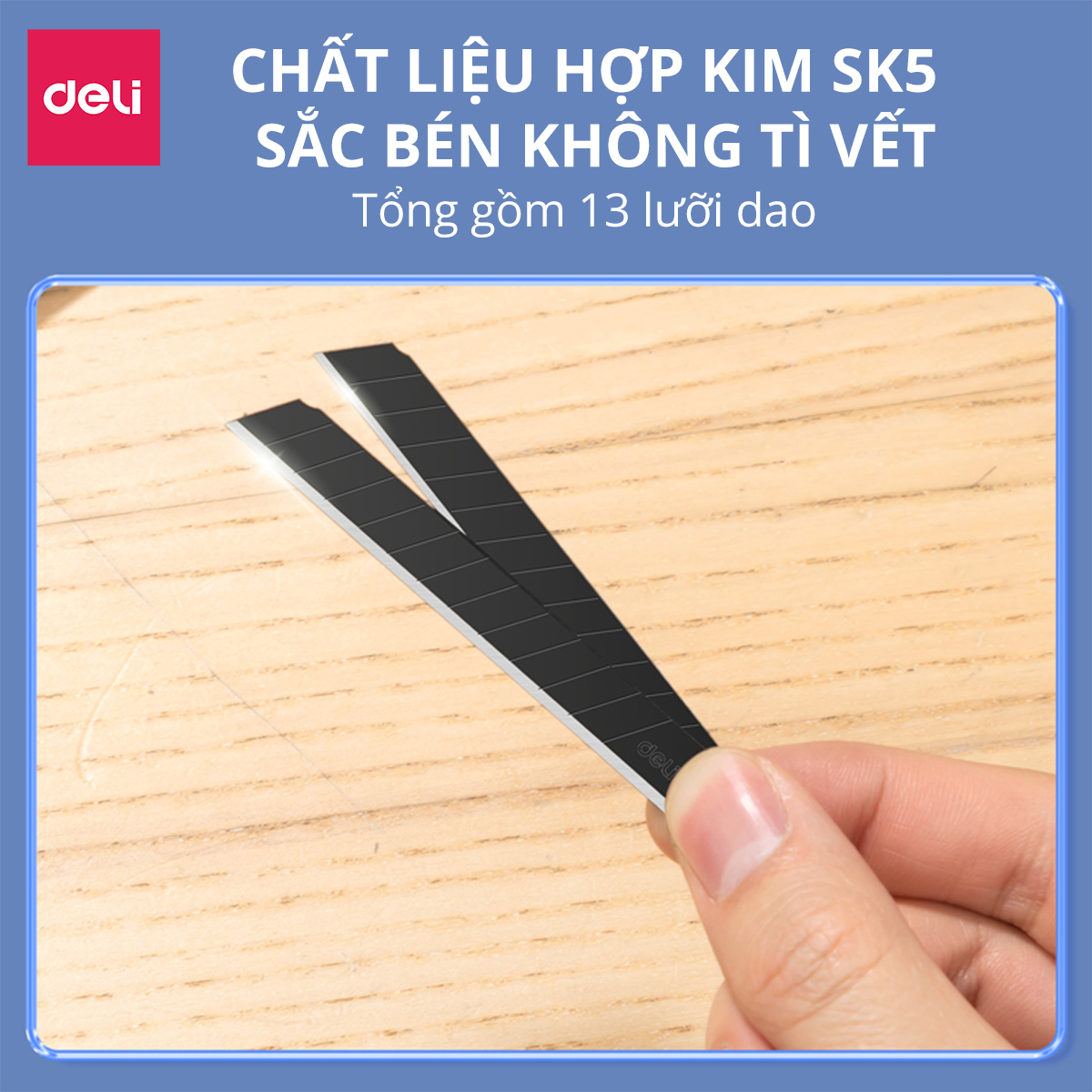 Dao rọc giấy Deli cao cấp lưỡi thép không gỉ SK5 loại 13 lưỡi - Dao rọc mini bỏ túi kim loại tiện lợi văn phòng học sinh có móc treo - Màu xám