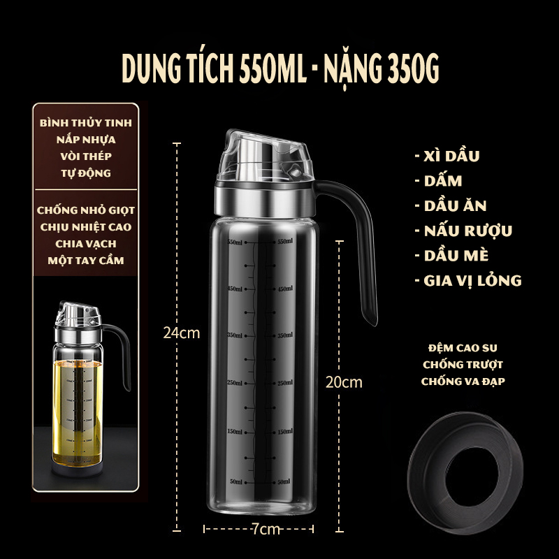 Chai Thủy Tinh Đựng Dầu Ăn Vòi Sắt Có Nắp Đậy Tự Động, Có Tay Cầm Tiện Lợi Dung Tích 550Ml