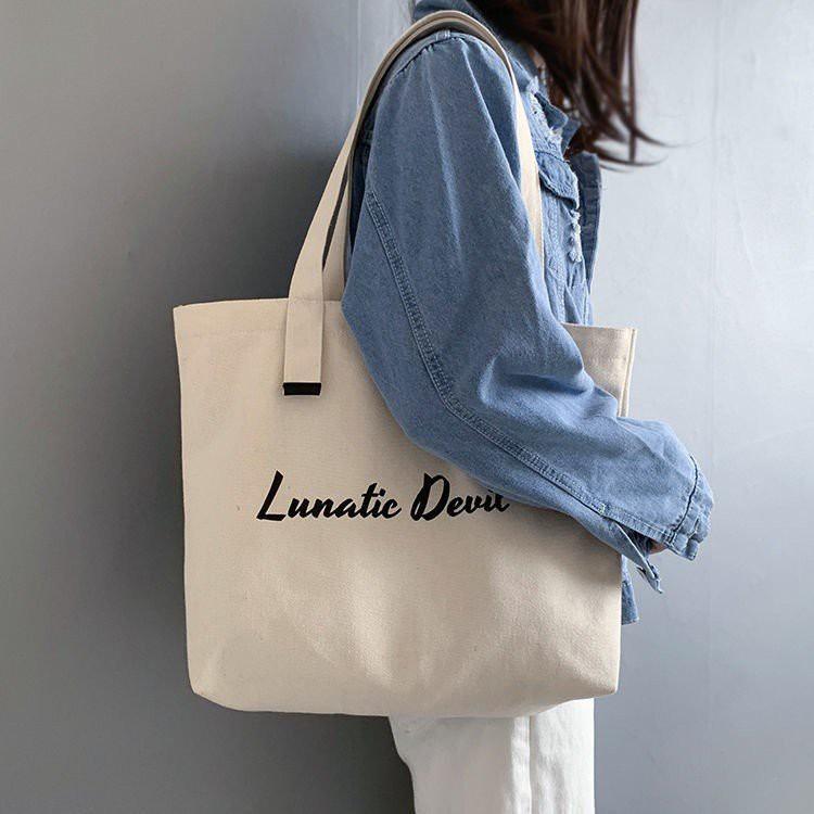 Túi tote túi vải canvas Lunatic Devil phong cách Hàn quốc, có khóa miệng ngăn phụ bên trong tiện dụng
