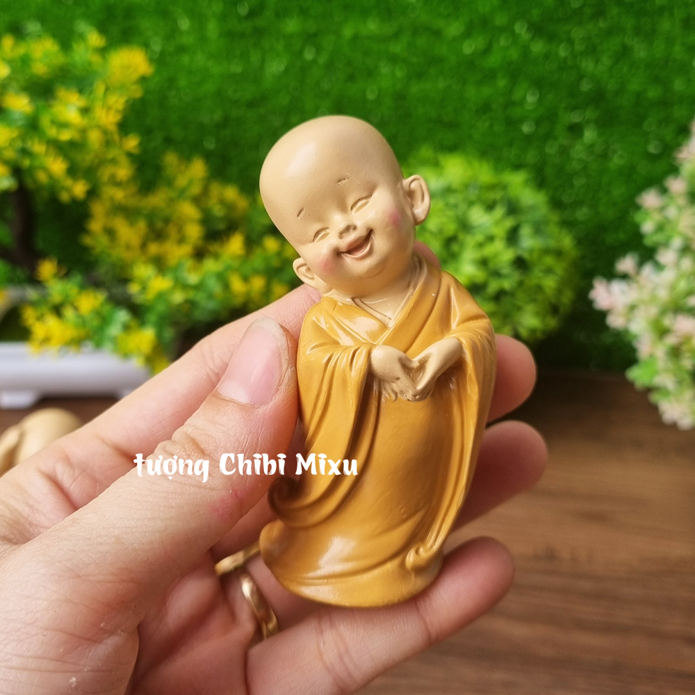 Bộ 03 tượng chú tiểu an nhiên, chú tiểu yêu đời màu áo nâu 8cm