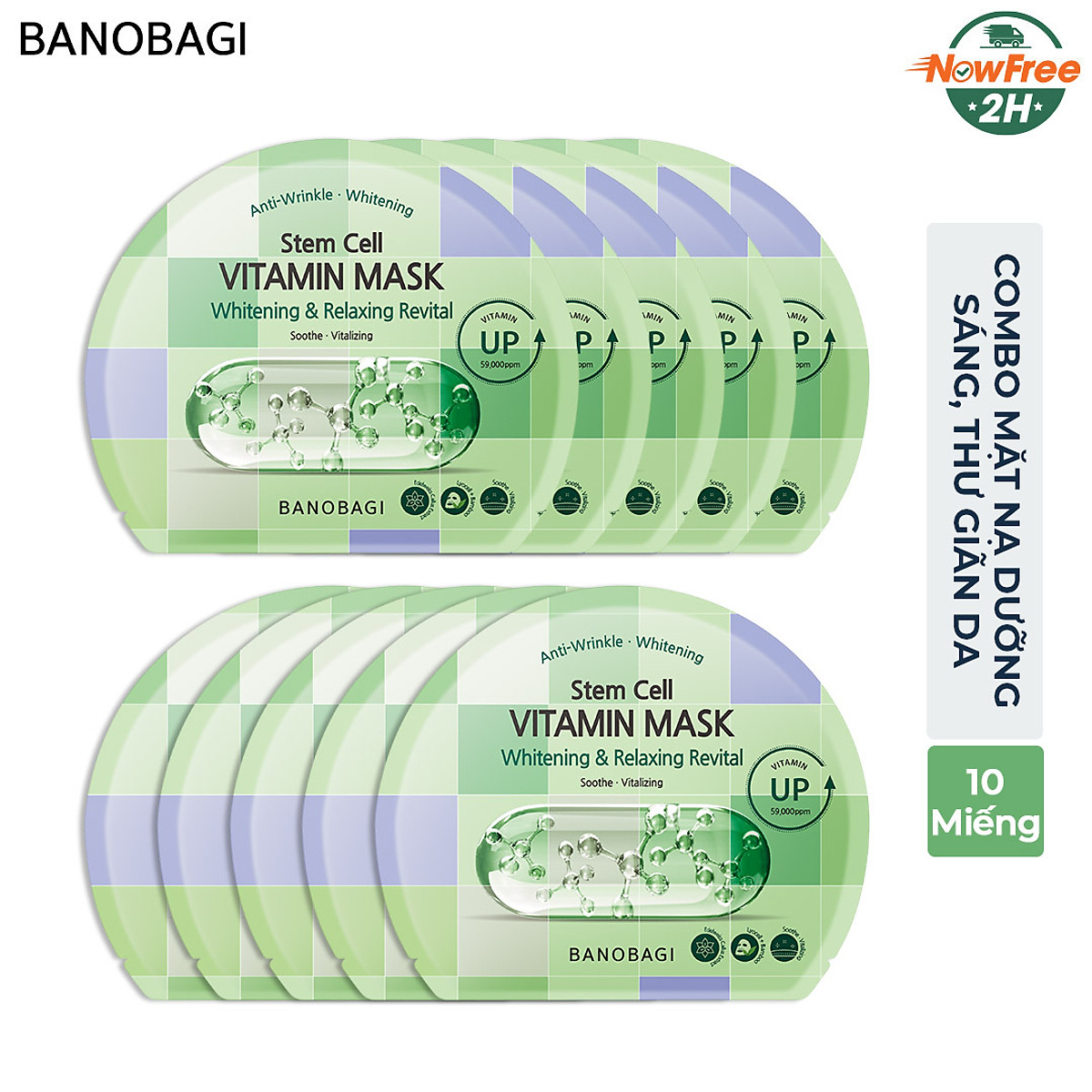 hộp 10 miếng Mặt Nạ Banobagi Stem Cell Vitamin Mask Whitening and Relaxing Revital 30g-xanh lá