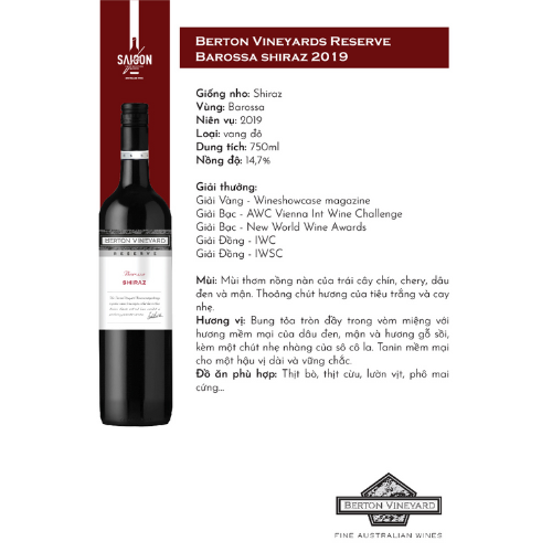 Rượu vang đỏ Berton Vineyards Reserve Barossa Shiraz 2019 750ml 14.7% Alc