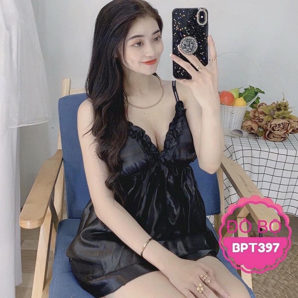 Đồ ngủ lụa FREE SHIP  Đồ ngủ hai dây sexy nữ lụa phi có mút, hở lưng, DN3