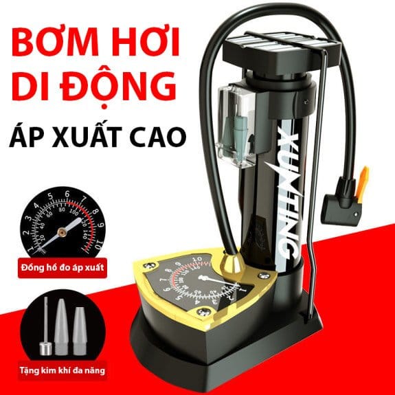 Bơm xe đạp chân - Bơm xe đạp xe máy ô tô đút cốp có trợ lực siêu nhẹ đồng hồ đo áp suất loại tốt