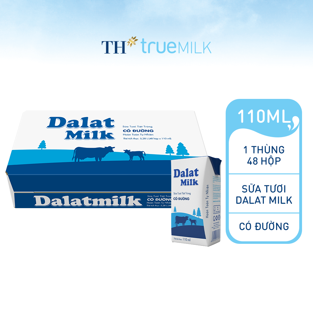 Thùng 48 hộp sữa tươi tiệt trùng Dalatmilk có đường 110 ml (110 ml x 48)