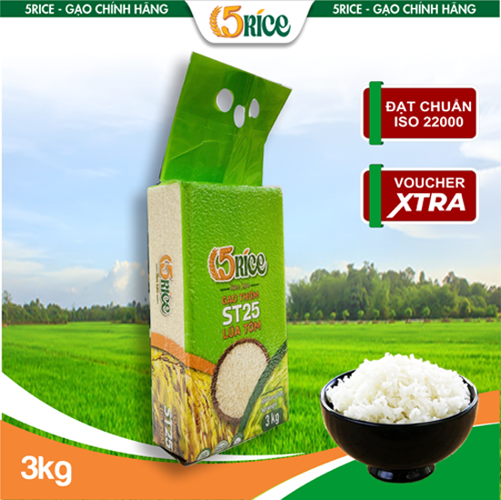 Gạo Lúa Tôm ST25 5RICE - Túi 3kg - Gạo thượng hạng thơm dẻo, đậm vị chính hãng 5RICE