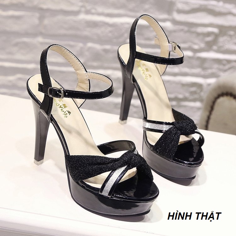 Giày sandal cao gót 10 phân quai chéo phối vải ánh nhũ kim tuyến sang trọng S141