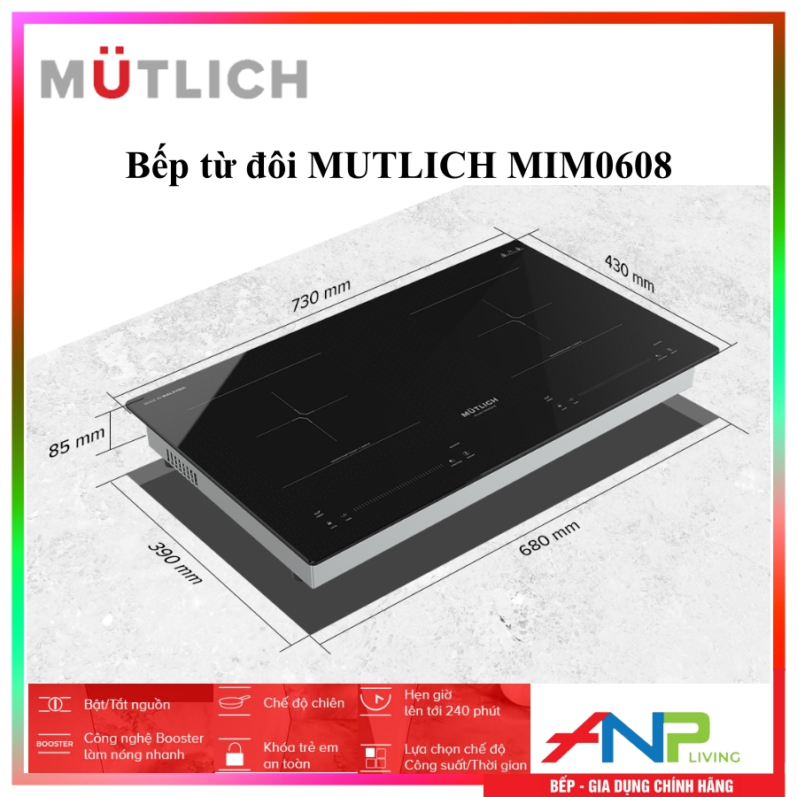 Bếp Từ Đôi MUTLICH MIM0608 (2 Vùng Nấu - 8 Mức Điều Chỉnh Nhiệt - Cảm Ứng Trượt SLIDER CONTROL NHẠY BÉN - Công Suất 3600W) - Hàng Chính Hãng