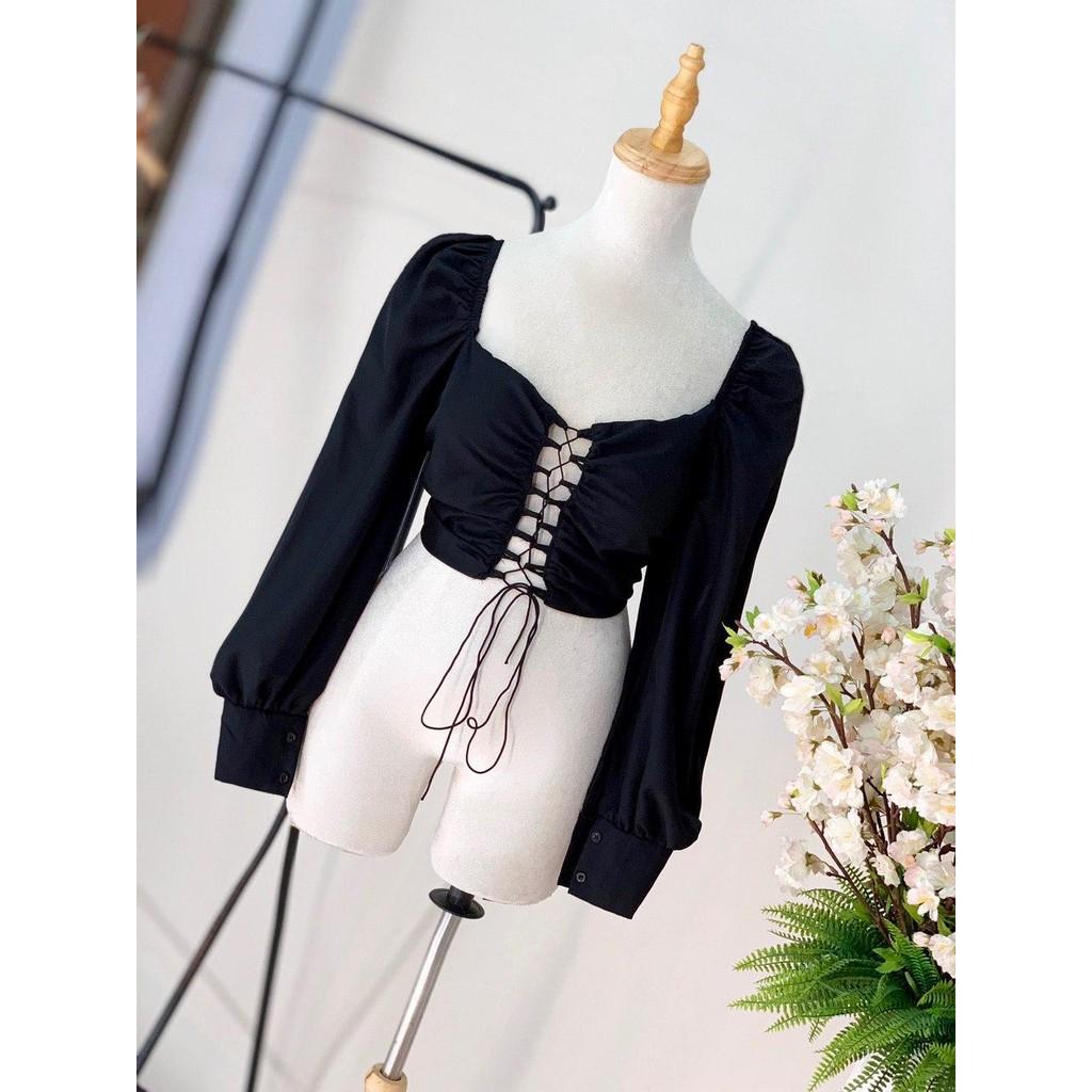 (ẢNH THẬT) Áo Croptop Đan Dây Tay Dài Daisy (TRẮNG+ĐEN