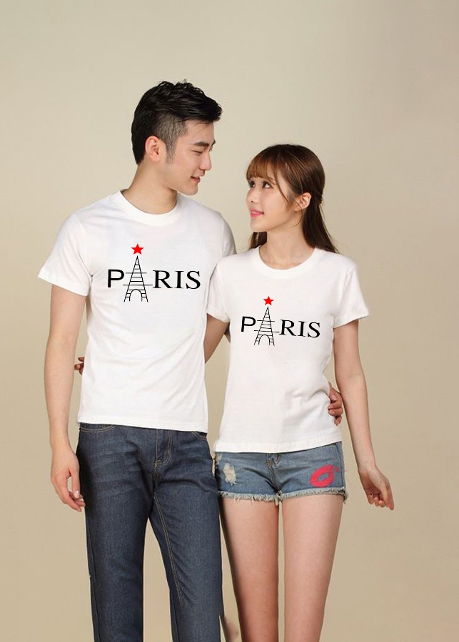 Bộ Áo Thun Đôi Paris Màu Trắng Nam Nữ