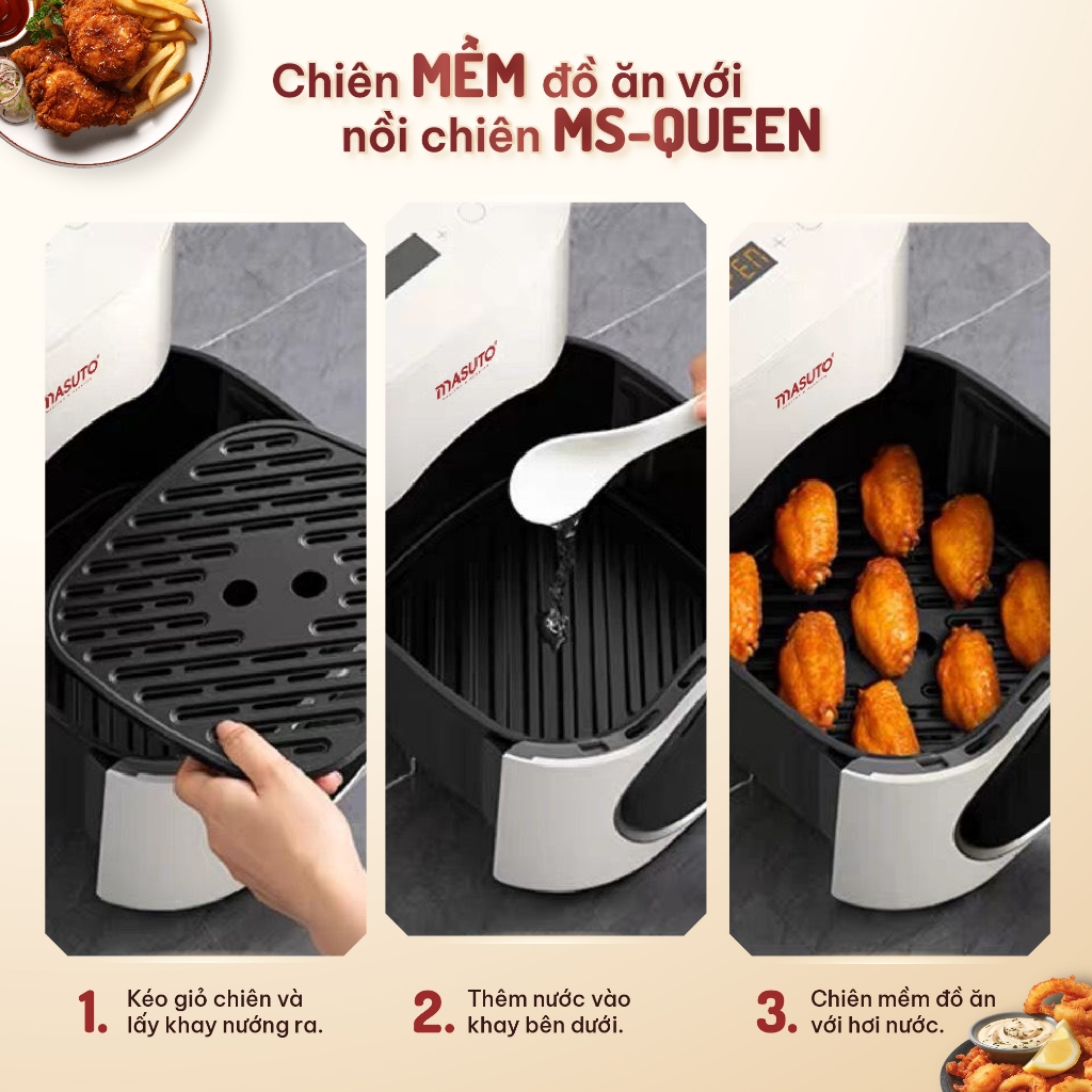 Nồi chiên không dầu Masuto MSQueen 6L màn hình cảm ứng, đốt 2 tầng đối lưu không cần trở lật - Hàng chính hãng