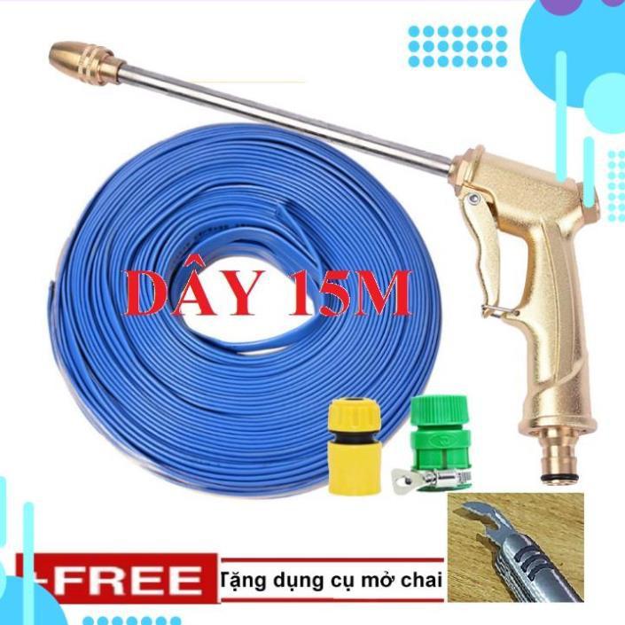 Bộ dây vòi xịt ️bơm nước phun sương️ , tăng áp 3 lần, loại 15m 206701-3 đầu đồng,cút,nối vàng+ mở chai