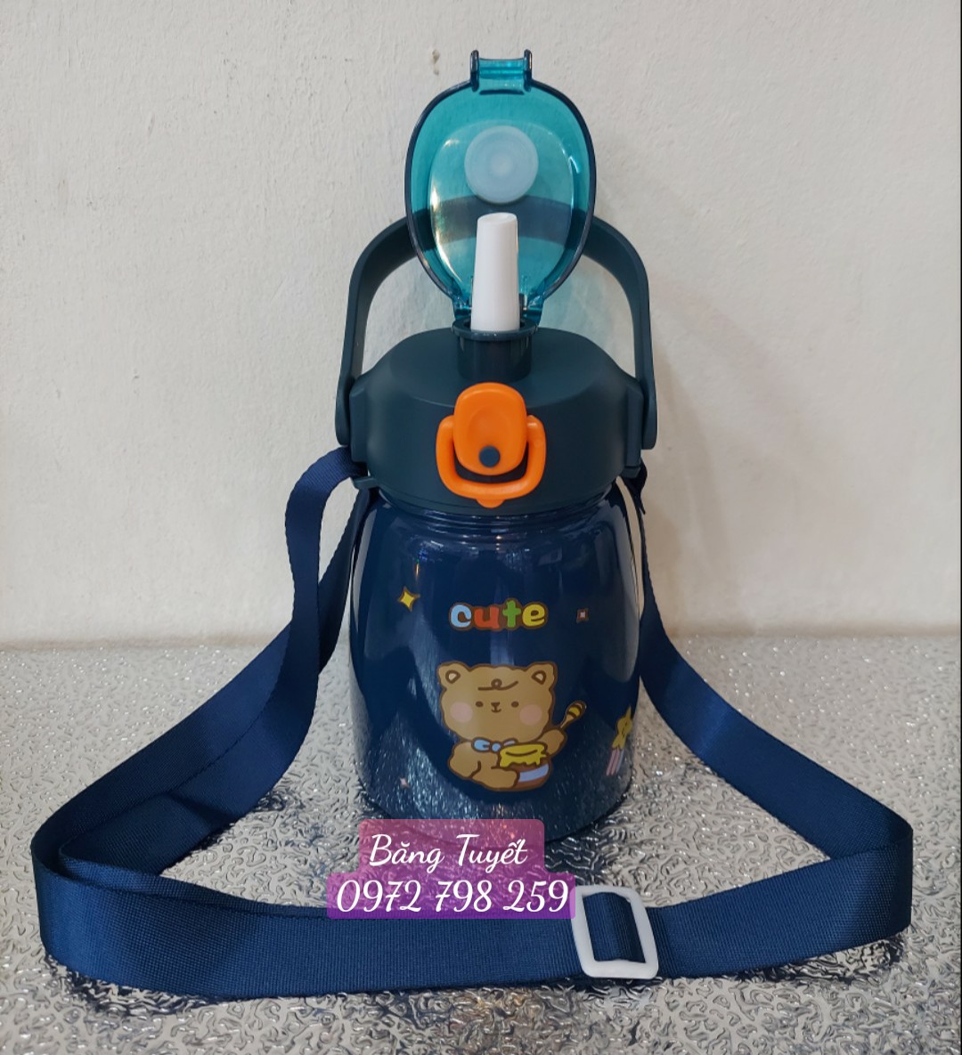 Bình giữ nhiệt cute có dây đeo có ống hút inox 304 tặng sticker 1100ml Bình giữ nhiệt cho bé có ống hút dễ thương