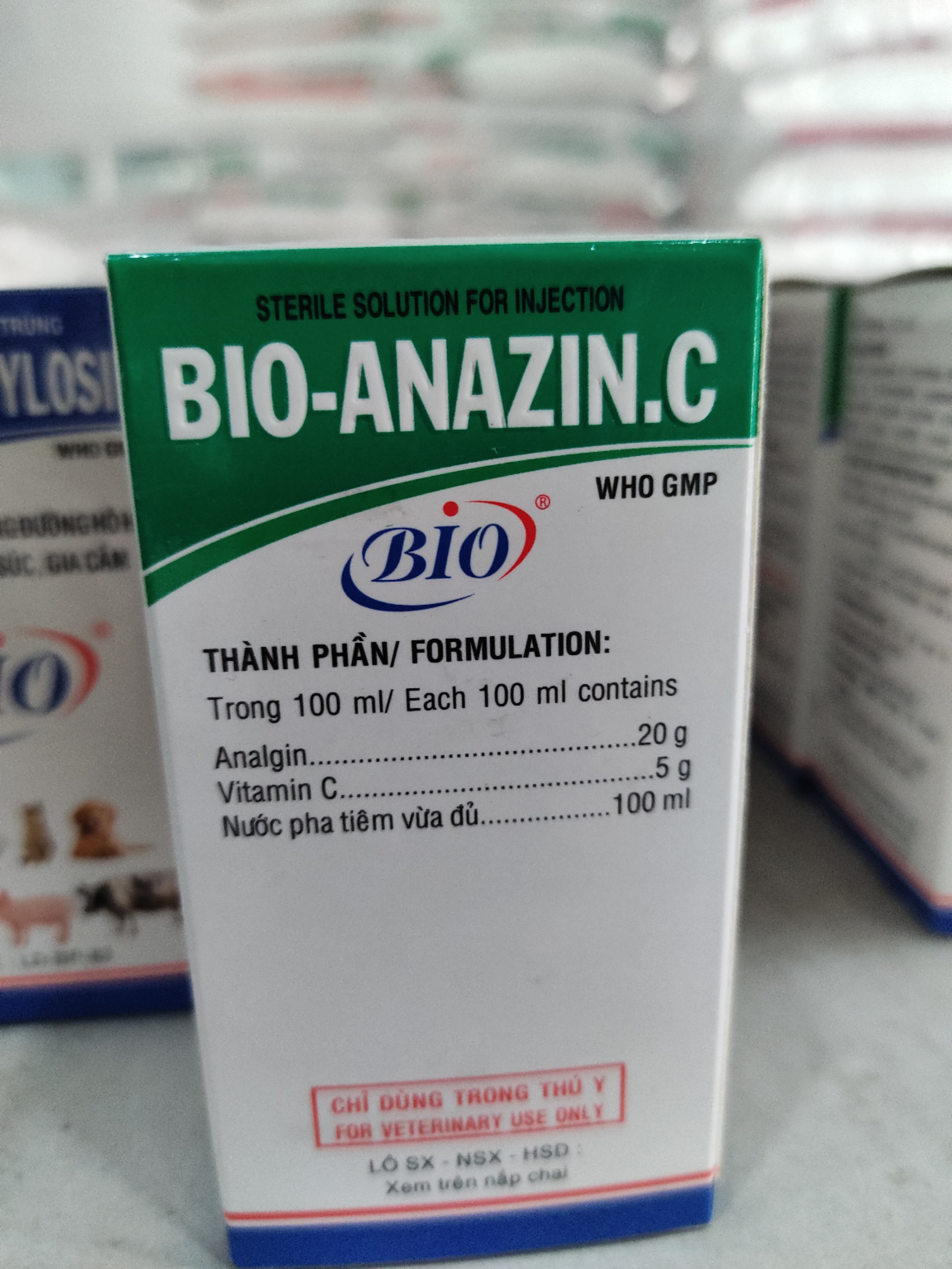 Dung dịch tiêm vô trùng BIO-ANAZINE Kháng viêm, hạ sốt, giảm đau, an thần, chống stress trên heo, trâu, bò, bê, nghé, dê, cừu, chó, mèo.